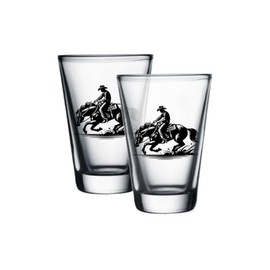 Hat Shark Western Rodeo Bull & Horse Riding Designs, 1.5 oz Clear Shot Glasses, Set of 2 (Cowboy Riding Horse)