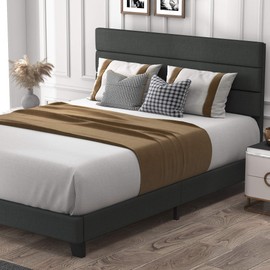 Allewie Full Size Fabric Upholstered Platform Bed Frame with Headboard and Wooden Slats, Fully Upholstered Mattress Foundation, No Box Spring Needed, Easy Assembly, Dark Grey