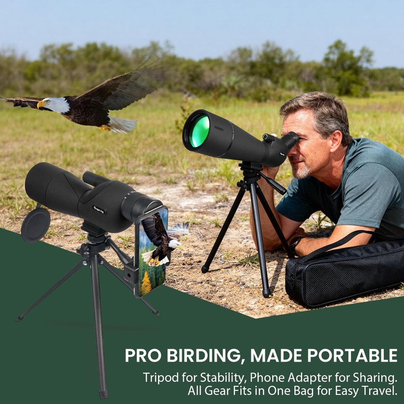 BIBIRE 25-75x60 HD Straight Spotting Scope with Tripod and Phone