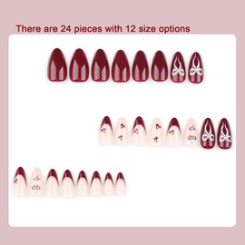 Red French Tip Press on Nails Almond Medium False Nails Valentine's Day Gold Bow Cherry Full Cover Acrylic Nails 12 Sizes 24pcs LL05