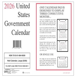 Unicor 2026, US Government Monthly Wall Individual Calendar, Qty=2, 11 x 9,12-Month (Jan to Dec)
