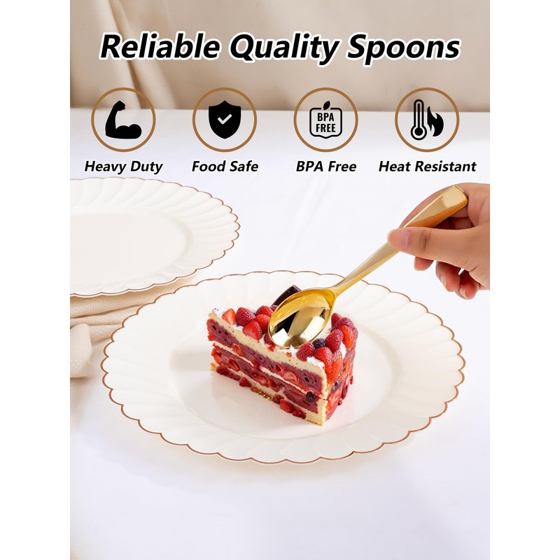 YOUBET 50Pcs Gold Plastic Spoons - Heavy Duty Plastic Spoons
