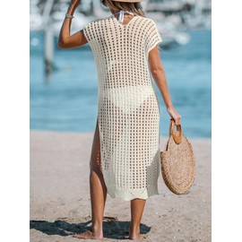 CUPSHE Women's Crochet Swimsuit Cover Ups Hollow Out Short Sleeve Beach Coverup Side Split Midi Dresses Beige Large