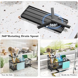 Spoge Holder for Kitchen Sink - Sink Caddy with Long Brush Holder & Divider, SUS304 Stainless Steel Kitchen Sink Organizer, 360° Swivel Spout,Dish Soap Dispenser Organization and Storage Accessories