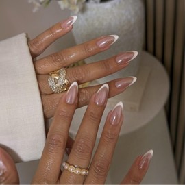 24 Pcs Plated White French Fake Nails,French Tip False Nails,Medium Almond Press On Nails,Elegant Fake Nails,Full Cover Fake Nail T/ips with Glue,Frenc/h Ti/p False Nai/ls,Frenc/h Ti/p Press On