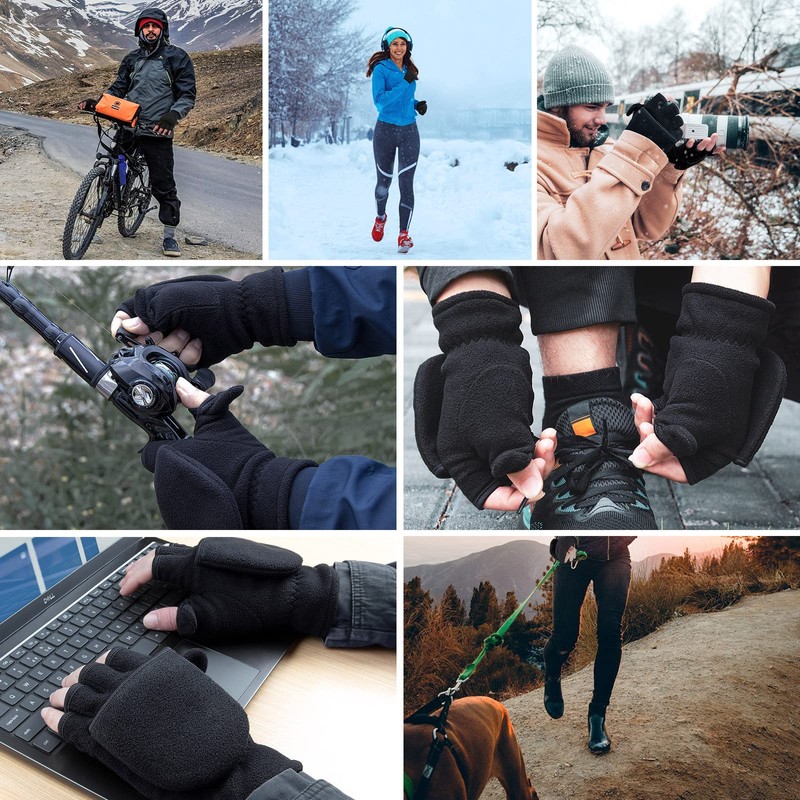 CINECE Gloves, Cold Protection, 2-Way, Smartphone Compatible, Fingertips, Mittens, Thick,