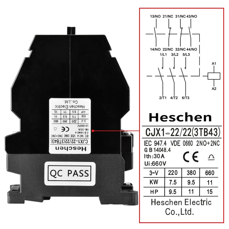 Heschen AC Contactor CJX1-22/22 24V Coil 50/60Hz 9.5KW 3 Pole