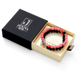 2 Pcs Couples Bracelet Magnetic Healing Stone Stretch Cord Friendship Bracelet for Men & Women:_Black+Pink_With Luxury Giftbox