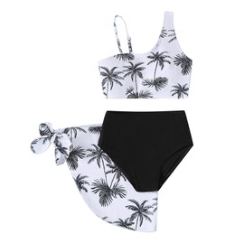 WWXGDS Girls Swimsuit 3PCS Bikini Sets,Adjustable Shoulder Strap Bathing Suits 5-14Y Girls' Swimwear with Cover Up Skirt Black
