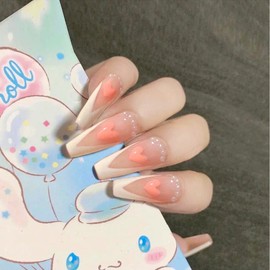 French Valentine's Day Press On Nails,love Heart Designs Long Press On Nails Fake Nails Coffin Nails, Acrylic Full Cover Nails Tips for Women and Girls,24pcs Set with Glue Sticker Sheet