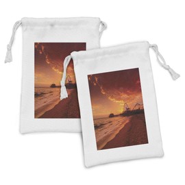 Lunarable Santa Monica Pier Fabric Pouch Set of 2, Ferris Wheel over Dramatic Sunset Sky Los Angeles California, Small Drawstring Bag for Toiletries Masks and Favors, 9" x 6", Burnt Orange Dark Brown