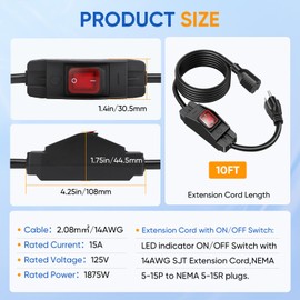 Outdoor Extension Cord with On/Off Waterproof Switch, 15A 125V Grounded 3-Prong Plug, Heavy Duty 1875W Short Outdoor Extension Cord for Lights,Black 14/3 SJTW Switch Cord,Outdoor Light Control(10FT