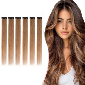 S-noilite Clip in Human Hair Extension Highlight Light Brown 14 Inch Colored Hair Extensions Clip in for Women Kids Girls Straight Real Human Hair 6 Pieces/Pack