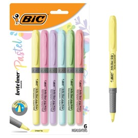 BIC Brite Liner Grip Pastel Highlighter Set, Chisel Tip, 6-Count Pack of Pastel Highlighters in Assorted Colors, Cute Highlighters for Bullet Journaling, Note Taking and More
