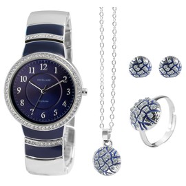 Excellanc 1800222 Women's Jewellery Set Watch Necklace Pendant Ring Earrings, Metal, Rhinestone