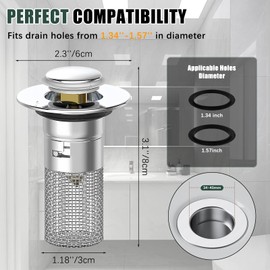 2PCS Stainless Steel Kitchen Sink Strainer, Pop Up Sink Plug Replacement with Basket for 34-40mm Drain Hole, Universal Hair Catcher for Shower Drain for Bathroom Bathtubs