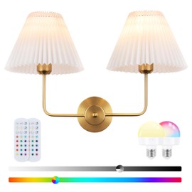 Rnzziw Double Light Battery Operated Wireless Wall Sconces with White Pleated Fabric lampshade, 2-Light Antique Brass Sconce for Bathroom Vanity Hallway Stairway Living Room (Gold)
