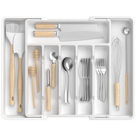 RoomHacks Large Silverware Organizer,Expandable Utensil Drawer Organizer,BPA Free Utensil Holder,Adjustable Silverware Tray Cutlery Drawer Organizer for Kitchen Flatware,Large,White (6-8 Slots)