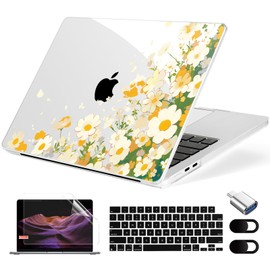 MecBevia Compatible with MacBook Air 13.6 inch Case, M4 A3240/M3 A3113/M2 A2681 (Released 2025 to 2022), Hard Shell, Keyboard Cover, Screen Protector, Webcam Cover & Type-C Adapter, Scatter Daisies