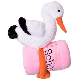 TE-Trend Stork Cuddly Toy 38 cm Large with Soft Blanket 100 x 80 cm in Pink, Lovingly designed, Babies and Expectant Parents