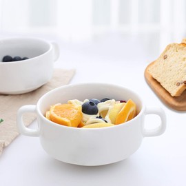 Foraineam Porcelain Bowls with Double Handles 10 Ounce White French Onion Soup Crocks Round Stackable Bowls for Soup, Cereal, Oatmeal, Set of 6