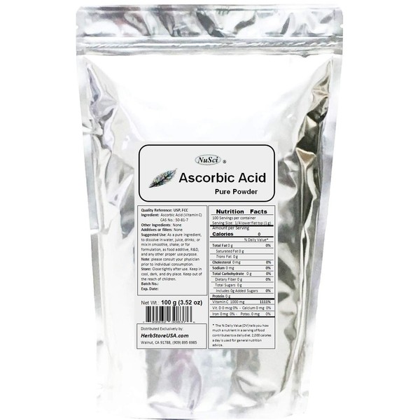 NuSci Ascorbic Acid Vitamin C Pure Powder USP & FCC Quality (100 Grams (3.52 oz))