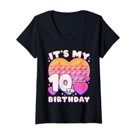 Womens Pop-it Birthday Girl 10 years old, Push it Pop Fidget Bubble V-Neck T-Shirt