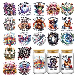 Funny UV DTF Stickers - 20 Sheets Cute Highland Cow Raccoon UV DTF Cup Wraps for 16 20 oz Glass, If I'm Moody Give Me Foody Fun Ghost Skull Butterfly Transfer Sticker Decal DIY Water Bottle Decoration