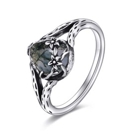POPLYKE Moss Agate Teardrop Ring Sterling Silver Engagement Ring Green Gemstone Wedding Ring for Women 7 Size鈥?,New"
