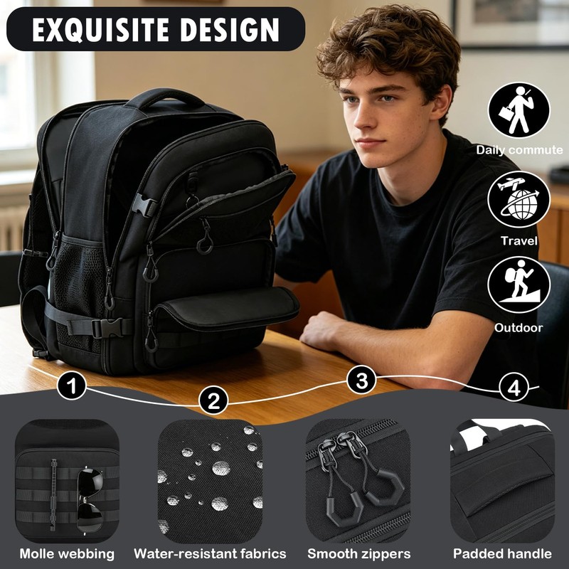 BISKLNDN Carry On Backpack, Large Tactical Travel Backpack Airplane Approved