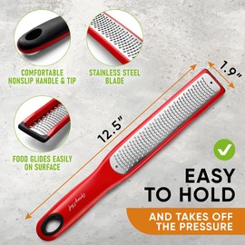 Spring Chef Premium Red Lemon Zester Grater with Handle - Fruit, Garlic, Ginger, Nutmeg, Orange Zester Tool - Heavy Duty Kitchen Shredder - Stainless Steel Citrus Zester with Blade Cover - Fine Shred