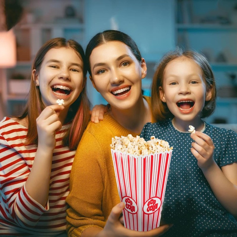 4 Pack Reusable Popcorn Containers, Classic Striped White & Red