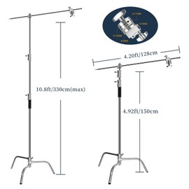 GSYXERGILES Heavy Duty C-Stand, Stainless Steel Tripod with Boom Arm - Max Height 10.5FT/320CM Photography Light Stand with 4.2FT/128CM Holding Arm for Studio Monolight, Softbox, Reflector