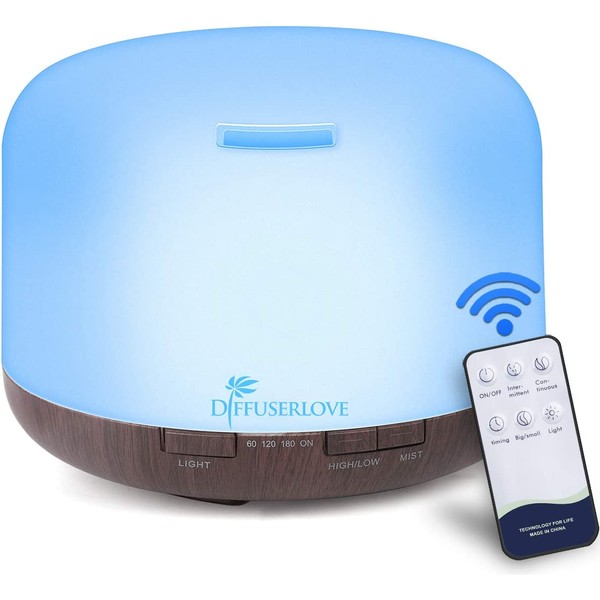 Diffuserlove Essential Oil Diffuser 500ML Remote Control Ultrasonic Aromatherapy Diffuser Cool Mist Humidifiers with Mute Design, Timer and Waterless Auto Shut-Off for Office Living Room