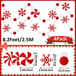 Jansun 4 Pack Christmas Garland 32.8 Feet Felt Peppermint Candy Snowflake Red White Pom Pom Garland Ornaments for Christmas Tree School Classroom Fireplace Wall Home Party Hanging Decor Supplies