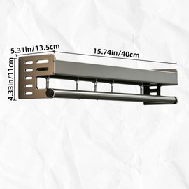 YZÉ By Yizhe No-Drill Spice Rack for Kitchen Wall - 15.74in with 5 Hooks & Towel Bar, Rustproof Aluminum, No Screws Installation for Spices, Utensils, Toiletries in Small Apartments, RV, Dorm