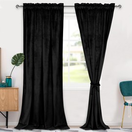 Hiasan Black Velvet Curtains 120 inches-Blackout Thermal Insulated Solid Soft Curtains for Bedroom Living Room Rod Pocket Room Darkening 2 Panels Window Drapes with Tiebacks, 52W x 120L