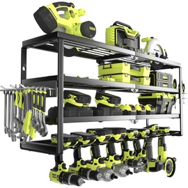 MOOMSINE 4 Layer Power Tool Organizer Wall Mount, Battery Tools Holder with Charging Station Shelf, Cordless Drill Hanger Storage Rack for Garage Organization, Workshop, Pegboard - 32 Inch 8 Slots