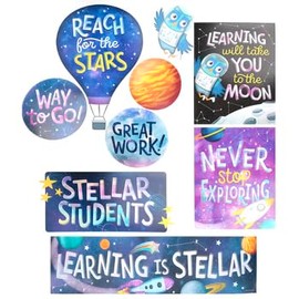 Outer Space Bulletin Board Set – 65 Pieces, Inspirational Space Theme with Rockets, Planets, Stars & Motivational Phrases for Classroom & Learning Spaces