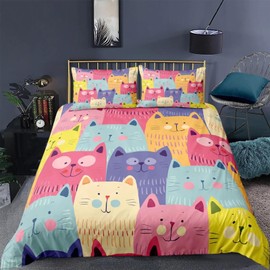 Tabeskly Kids Girls Cartoon Cat Cute Soft Zipper Bed Bedding Duvet Cover Set Single Multicolor 135×200cm