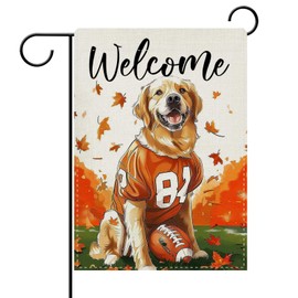 Dyrenson Welcome Fall Golden Retriever Dog Football Decorative Garden Flag, Autumn Sport Game Yard Outside Home Decoration Pet Owner Lover Gift, Rugby Burlap Outdoor Small Decor Double Sided 12 x 18