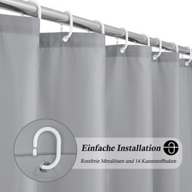 EurCross Extra Size Shower Curtain 200 x 200 cm, Grey Waterproof Washable Bath Curtain, Anti-Mould Antibacterial Shower Curtain for Bathroom with 14 Rings