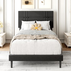 Bekusu Twin Size Bed Frames with Adjustable Headboard and Sturdy Wooden Slats, Non-Slip and Noise-Free Design No Box Spring Needed Easy Assembly Dark Grey