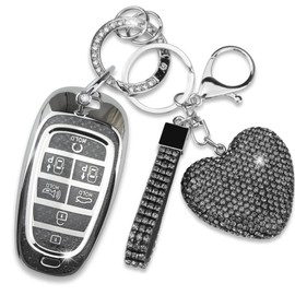 Simocky Compatible with Hyundai Key Fob Cover with Diamond Keychain, Compatible with Hyundai 2024 2023 2022 Sonata Santa Fe Nexo Tucson Palisade Smart Key Protector for Women (7 Buttons, Black)