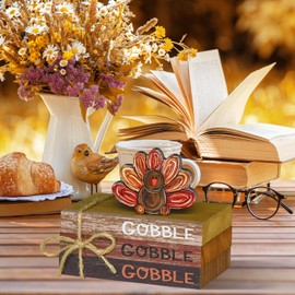 Smile Thanksgiving Wooden Decor Indoor, Turkey Decor Gobble Faux Books Bundle, Thanksgiving Table Tiered Tray Kitchen Decorations