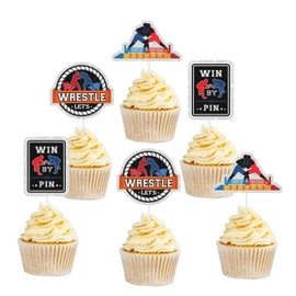 Wrestling Theme Dessert Cupcake Toppers,Colorful Glitter WIN BY PIN Decor Supplies, Boy Man Wrestler Happy Birthday Party Decorations.18pcs