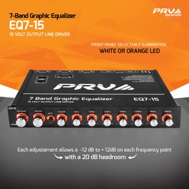 PRV AUDIO EQ7-15 - Ecualizador gráfico de 7 bandas 15 V RCA salida de nivel de línea con atenuador y control de nivel de subwoofer para audio del coche