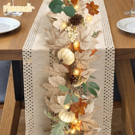Fall Leaves Garland with Lights for Mantle, 6 Ft Neutral Fall Maple Leaf Garland Decorations with Pumpkins Pine Cone Berries for Home Fireplace Porch Table Harvest Thanksgiving Indoor Outdoor Decor