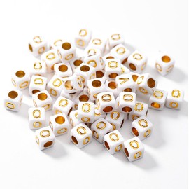 Ludthaw 100PCS Letter Beads 6X6mm Acrylic Alphabet Beads for Jewelry Making White Cube Square Gold Vowel Letter O Beads for Bracelets Making DIY Necklaces