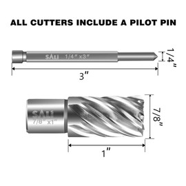 SALI 2 pcs Annular Cutter Diameter 7/8 Inch with Weldon Shank 3/4" (with 2 Flats) Cutting Depth 1" Mag Drill Bit for Magnetic Drill Press HSS Fully Ground Drill with One 1/4"*3" Pilot Pin